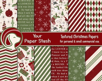 Christmas Digital Paper, Vintage Retro Scrapbook Papers w/ Ornaments Stockings Argyle & Stripes, Instant Download
