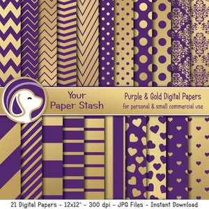 Purple and gold digital paper pack with chevrons, stripes, and hearts, Printable glam background set in royal purple and metallic gold