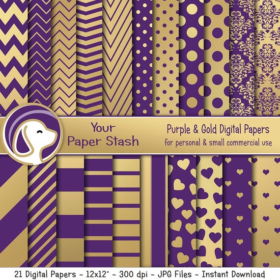 Purple & Gold Digital Scrapbook Paper, Gold Digital Background Patterns, High School Graduation Scrapbook Paper, Mardi Gras Digital Paper