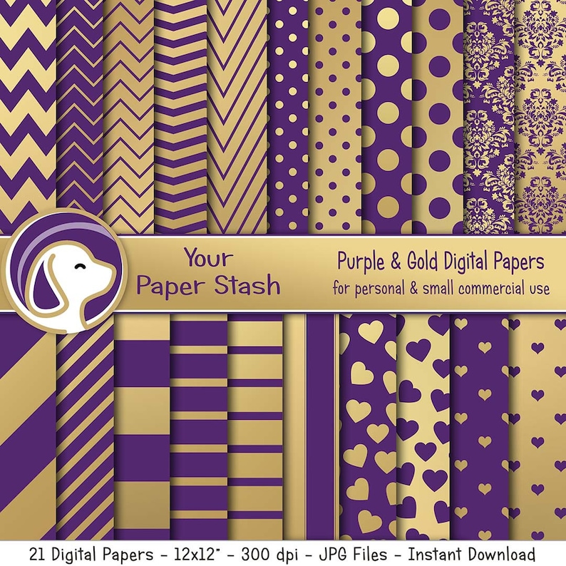 Purple and gold digital paper pack with chevrons, stripes, and hearts, Printable glam background set in royal purple and metallic gold