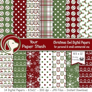 Christmas Owl Digital Paper Pack - Red Green Winter Holiday Scrapbook Backgrounds, Cute Santa Owls, Polka Dots & Plaid Patterns