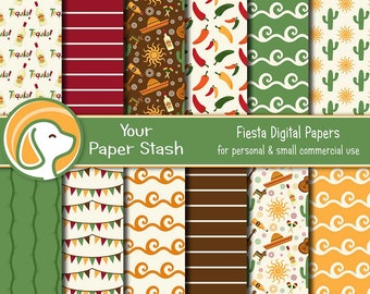Cinco de Mayo Fiesta Digital Paper, Mexican Vacation Digital Paper, Mexico Backgrounds With Tequila Sombrero Peppers Cactus Patterns