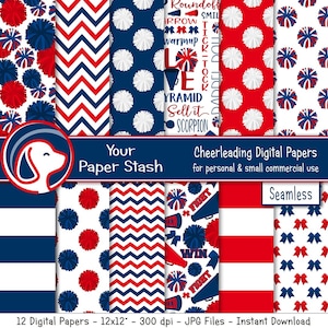 Cheerleading Digital Paper Pack, Cheer Team Digital Scrapbooking Paper Backgrounds, Seamless Cheerleading Patterns Small Commercial Use