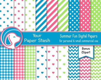 Summer Digital Scrapbook Papers With Stars Stripes Gingham Chevrons Polka Dots & Heart Patterns, Hot Pink Lime Turquoise Paper Pack