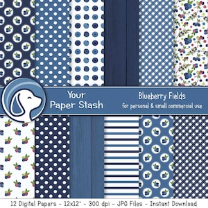 Blueberry Digital Paper Pack With Wood Backgrounds, Summer Fruit Scrapbook Paper Backgrounds, Wood Textures and Gingham Patterns