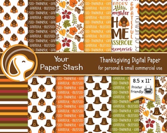 Printable Thanksgiving Digital Scrapbook Papers, Thanksgiving Craft Supplies Digital Paper Pack with Turkeys Pumpkins Pilgrim Hats