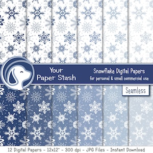 May include: Twelve digital papers featuring a seamless pattern of white snowflakes on a blue gradient background. The papers are 12 inches by 12 inches and 300 dpi. The text "Your Paper Stash" and "Snowflake Digital Papers for personal & small commercial use" is displayed on a blue banner.