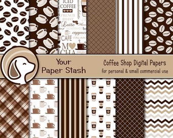 Coffee Shop Digital Paper Pack mit Kaffeebohnen Mokka Latte Espresso Muster, Coffee Addict Scrapbook Papier für Planer Seiten
