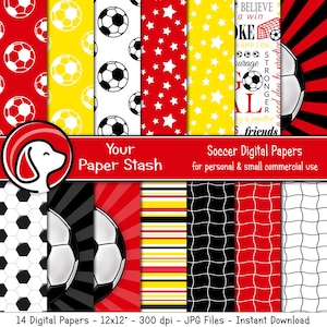 Rojo amarillo negro fútbol digital Scrapbook papel fondos, tema deportivo digital paquete de papel, fútbol de fútbol papel comercial uso comercial Descargar