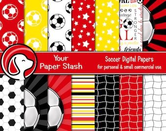 Red Yellow Black Soccer Digital Scrapbook Paper Backgrounds, Sports Theme Digital Paper Pack, Soccer Football Papers Commercial Use Download