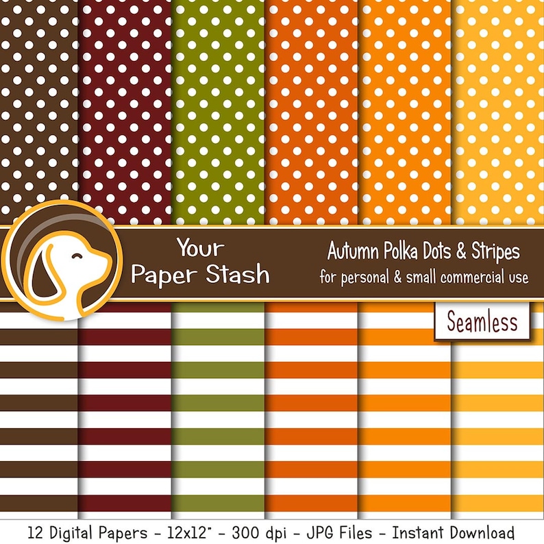 Autumn Spice Digital Paper Pack 12x12, Fall Polka Dot Stripe Scrapbook ...