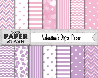 Heart Digital Paper Backgrounds, Pink & Lavender Valentine's Day Scrapbook Paper, Bokeh, Chevron, Stripes, Romantic, Wedding, Commercial Use