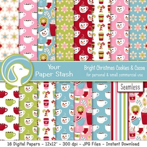 Bright Christmas Cocoa Cookie Digital Paper Pack, Christmas Scrapbooking Papers, Retro Christmas Designs, Hot Chocolate Paper  / CM102