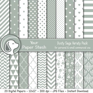 Sage Green Digital Scrapbook Papers & Backgrounds, Green Polka Dot Floral Striped Digital Papers, Commercial Use Instant Download