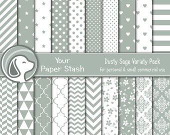 Digitalt scrapbookpapper med salviagrönt 12x12, digitala bakgrunder med prickiga blommiga randar och chevronmönster, bohemiskt grönt papperspaket direktnedladdning