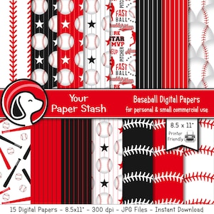 Printable Baseball Digital Paper Pack, Red Black Travel Team Baseball Digital Paper Patterns with Bats Balls Striped Designs Download