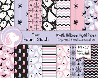 Printable Halloween Ghost Boo Digital Paper Pack, Halloween Scrapbook Craft Project Paper,  Spooky Ghost Printable Paper