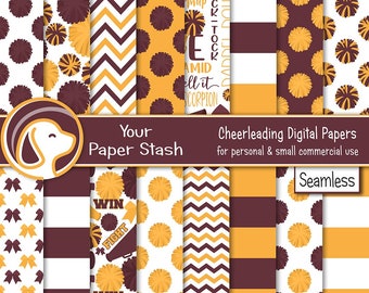 Cheer Team Cheerleader Digital Paper Pack, Maroon Burgundy Gold Cheerleading Digital Paper Patterns, Pom Pom Megaphone Patterns