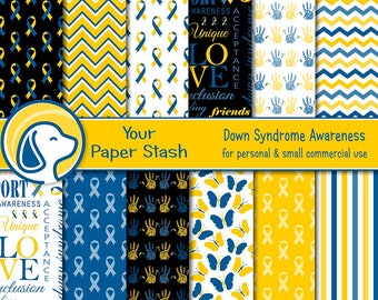Down Syndrome Awareness Digital Paper Pack, Blue Yellow Hope Ribbon Backgrounds, Educational Digital Backgrounds Commercial Use Download