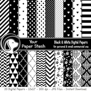 Black & White Digital Paper Pack With Stripes Damask Chevrons Floral Star And Polka Dot Patterns, Over The Hill Birthday Scrapbook
