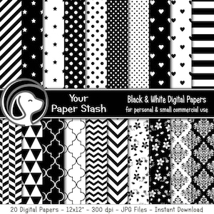Schwarz-weißes digitales Papier mit Streifen, Damast, Chevrons, florales Stern- und Dot-Muster, Over The Hill Geburtstags-Sammelalbum
