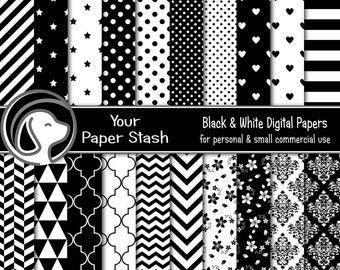 May include: A collection of 20 black and white digital papers featuring various patterns including stripes, stars, polka dots, hearts, triangles, quatrefoils, chevrons, floral motifs, and damask designs, labeled Your Paper Stash 12x12 300 dpi JPG Files.