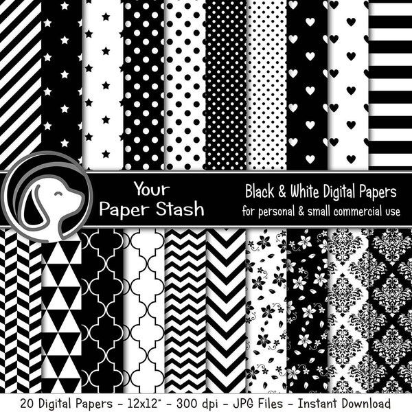 Black & White Digital Paper Pack With Stripes Damask Chevrons Floral Star And Polka Dot Patterns, Over The Hill Birthday Scrapbook