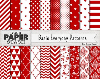 Red Digital Papers, Red Stripe Chevron Stars Heart Damask Polka Dot Digital Scrapbook Paper Backgrounds, Valentine's Day, Wedding, Download