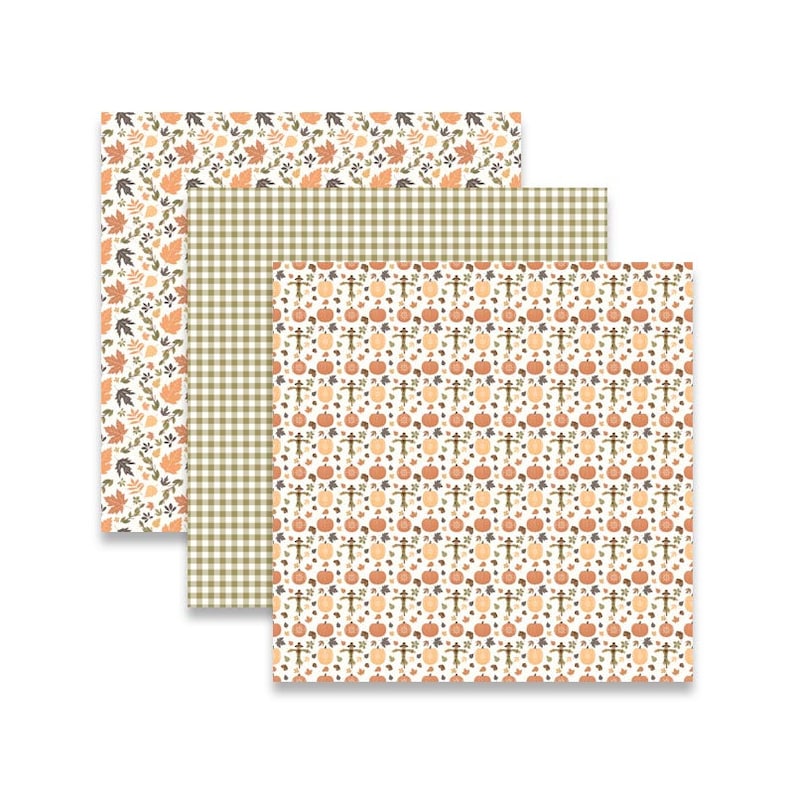 Fall pumpkin patch digital papers with pumpkins, gingham, stripes, chevron, and autumn leaves in orange, brown, and green.