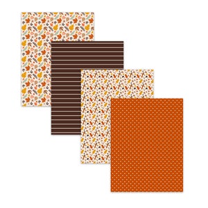 Autumn digital paper bundle with pumpkins, fall leaves, polka dots, chevrons, and plaid designs in orange, brown, gold, and cream, printable 8.5x11 scrapbook paper