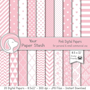 Papiers de scrapbooking numériques rose pour bébé fille, papiers numériques roses imprimables avec motifs coeur et chevrons à pois, papier Saint-Valentin