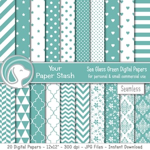 Sea Glass Green Digital Papers and Backgrounds, Ocean Beach Blues Digital Scrapbook Paper Striped Chevrons Floral Polka Dot Patterns / SG101