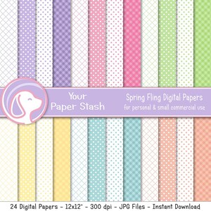 May include: A set of 24 digital papers featuring a variety of pastel coloured polka dot and gingham patterns. The papers are 12 inches by 12 inches and 300 dpi. They are perfect for scrapbooking, card making, and other craft projects.