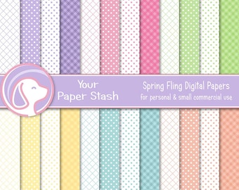 Pastel Spring & Summer Digital Papers for Easter Baby Shower And Birthday Scrapbook Pages, Pink Peach Lavender Gingham Patterns