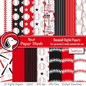 Baseball Digital Paper Background Patterns, Red Black Baseball Digital Paper Pack with Bats Balls Striped Designs, Instant Download