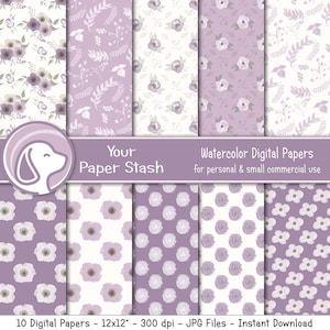 Lavender Watercolor Digital Papers for Bridal & Baby Showers and Wedding Scrapbook Pages, Amethyst Floral Digital Backgrounds