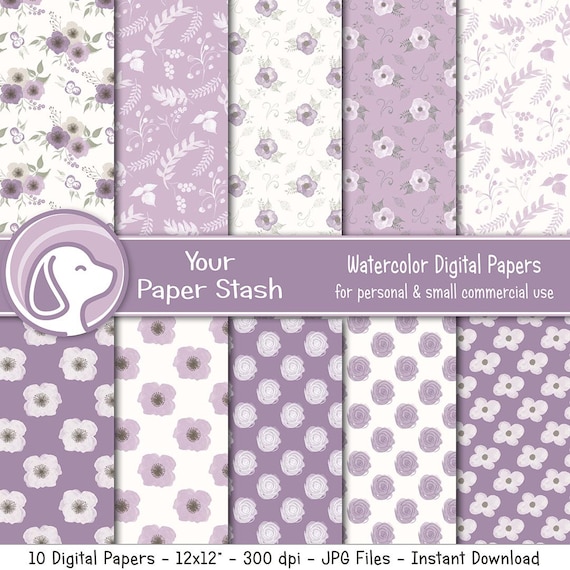 Lavender Floral Watercolor Digital Paper Pack (12x12" JPG)