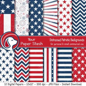 Patriotic 4th of July Digital Papers, Fondos Rojos Blancos Azules, Patrón de Bandera Americana, Texturizado, Barras y Estrellas, Uso Comercial, Descargar