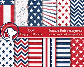 Patriotic 4th of July Digital Papers, Red White Blue Backgrounds, American Flag Pattern, Textured, Stars & Stripes, Commercial Use, Download