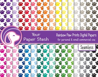 Digitales Papierpaket mit Regenbogenpfotenabdrücken, 32 nahtlose Hundepfoten-Hintergründe, farbenfrohes Haustier-Scrapbook-Papier, 12x12 JPG