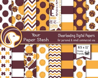 Printable Cheerleader Digital Paper Pack, Maroon Burgundy Gold Cheer Team Pom Pom Digital Paper Patterns, Instant Download