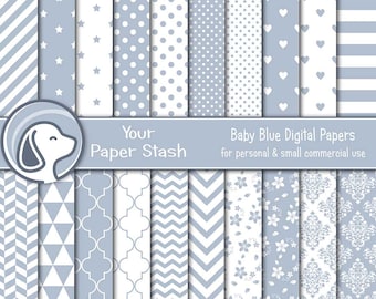 Baby Blue Digital Paper Pack for Baby Boy Scrapbook Pages - Light Blue Baby Shower Backgrounds With Polka Dots Stars Stripes Hearts Chevrons