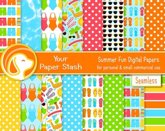 Summer Fun Digital Paper Pack, Summer Pool Party Scrapbook Paper, Summer Vacation Scrapbooking Pages, Polka Dot Digital Paper Download