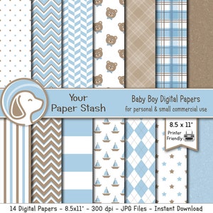 Baby Blue Digital Paper Pack With Teddy Bear & Plaid Patterns, Printable Baby Boy Scrapbook Papers, Download Gender Reveal Party Paper