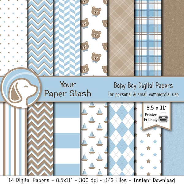 Pack de papier numérique bleu bébé avec ours en peluche et motifs à carreaux, papiers de scrapbooking imprimables pour bébé garçon, télécharger le papier de fête révélant le sexe