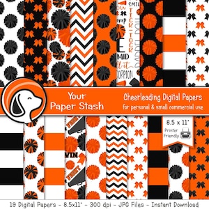 May include: A set of 19 digital papers featuring cheerleading themes. The papers include black and white chevron patterns, orange and black stripes, pom-poms, and bows. The papers are 8.5 inches by 11 inches and 300 dpi. The text "Your Paper Stash" and "Cheerleading Digital Papers" is included in the image.