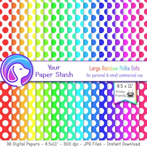 Printable Rainbow Polka Dot Digital Papers, Spring Summer Polka Dot Scrapbooking Paper Backgrounds, Birthday Digital Papers / RBW