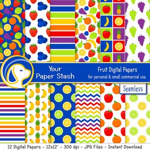 Paquet de papier numérique de fruits, motifs colorés de fruits d'été sans couture, fichiers JPG de 12 x 12 po pour scrapbooking cartes autocollants créations - téléchargement immédiat