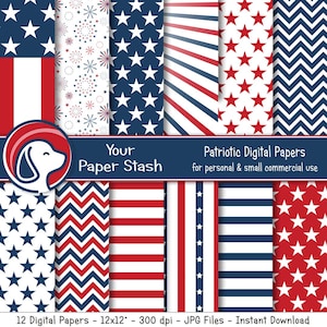 Pacchetto di carta digitale 4 luglio, sfondi a stelle e strisce, carta per album patriottica, bandiera Old Glory, rosso bianco blu, uso commerciale