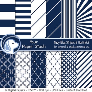 Navy Blue Striped Digital Paper, Blue Stripes & Quatrefoil Patterns, Nautical Scrapbook Paper for Father's Day and Birthday Pages